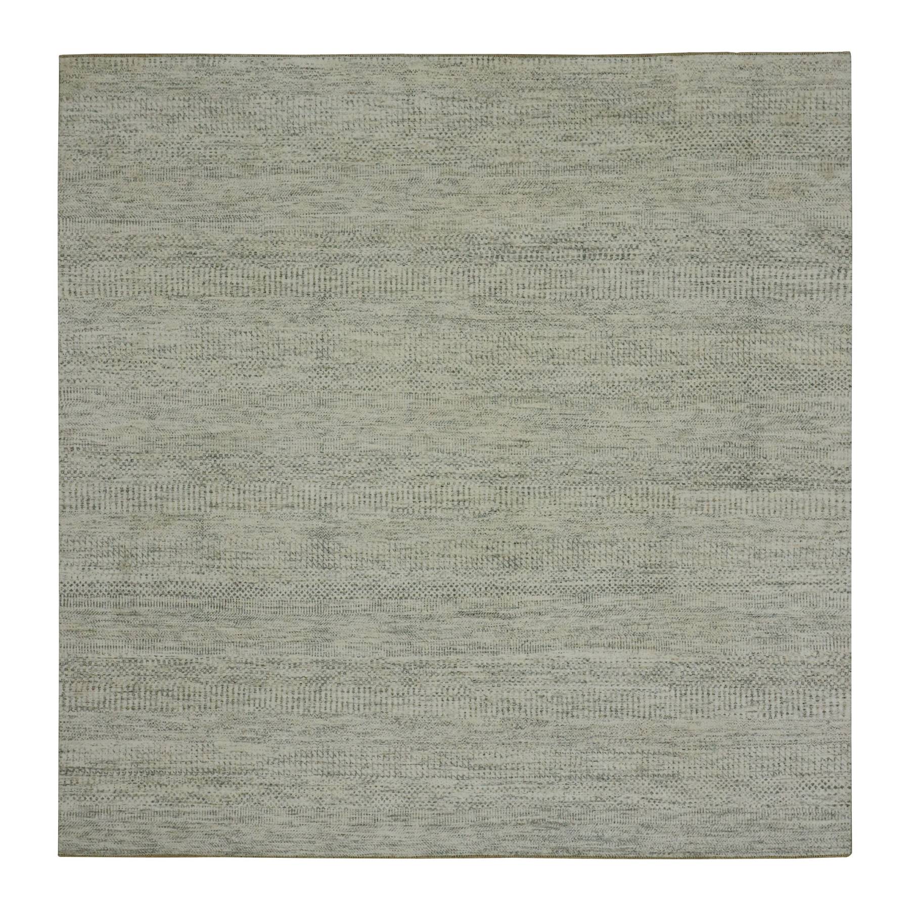 8'x8' Vanilla Ice White, Organic Sustainable Textile, Tone on Tone Modern Grass Design, Hand Knotted Soft Wool, Oriental Square Rug 